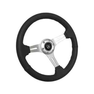 14" Brushed 6 Hole Slotted Black Leather Grip Steering Wheel w/ Horn Button - GoodSpeedUSA