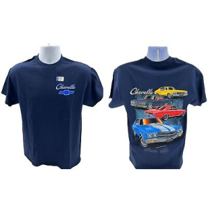 Navy Blue T-Shirt w/ Bowtie Chevy Chevelle Scene & Script Logo