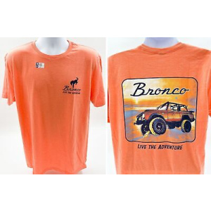Ford Bronco T-Shirt - Coral w/ Sunset Scene & "Bronco Live The Adventure" Script