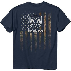 Navy Blue T-Shirt w/ Dodge Ram Trucks Camouflage American Flag Background