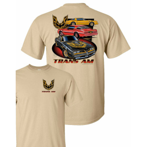 Pontiac Firebird Trans Am T-Shirt - Tan w/ 3 Cars & Firebird Emblem
