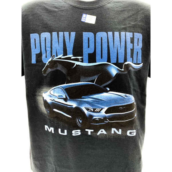 Ford Mustang T-Shirt - Black w/ Blue "Pony Power" Script & Running Pony Logo
