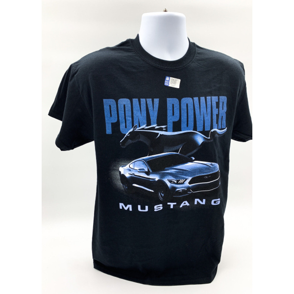 Ford Mustang T-Shirt - Black w/ Blue "Pony Power" Script & Running Pony Logo