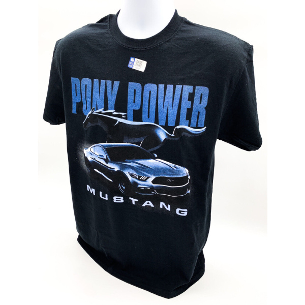 Ford Mustang T-Shirt - Black w/ Blue "Pony Power" Script & Running Pony Logo