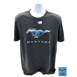 Ford Mustang T-Shirt - Heather Gray w/ Blue Running Pony Emblem Logo