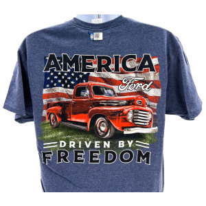 Ford T-Shirt - Heather Blue w/ Red Truck & "America Driven By Freedom" Script