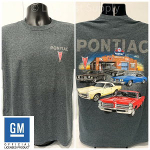 Pontiac T-Shirt – Gray w/ Multiple Cars Service Station Scene – Licensed