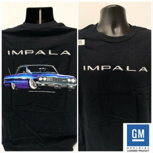 Black 1964 Chevy Impala T-Shirt – Blue Car w/ Script Emblem Logo (Licensed)