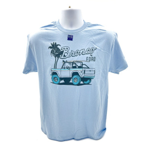 Light Blue T-Shirt - Vintage Ford Bronco Beach Scene w/ "Bronco By Ford" Script