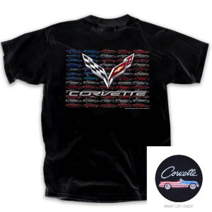 Chevy Corvette T-Shirt - Black w/ American Flag Scene & Script Logo