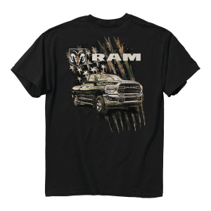 Dodge Ram Pickup Truck Splatter Camo Distressed American Flag Black T-Shirt