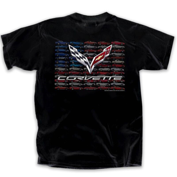 Chevy Corvette T-Shirt - Black w/ American Flag Scene & Script Logo