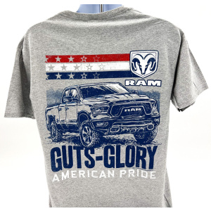 Gray T-Shirt w/ Dodge Ram Truck & "Guts Glory American Pride" Script - Licensed