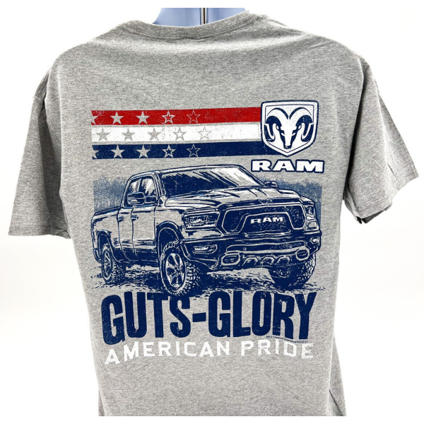 Gray T-Shirt w/ Dodge Ram Truck & "Guts Glory American Pride" Script - Licensed