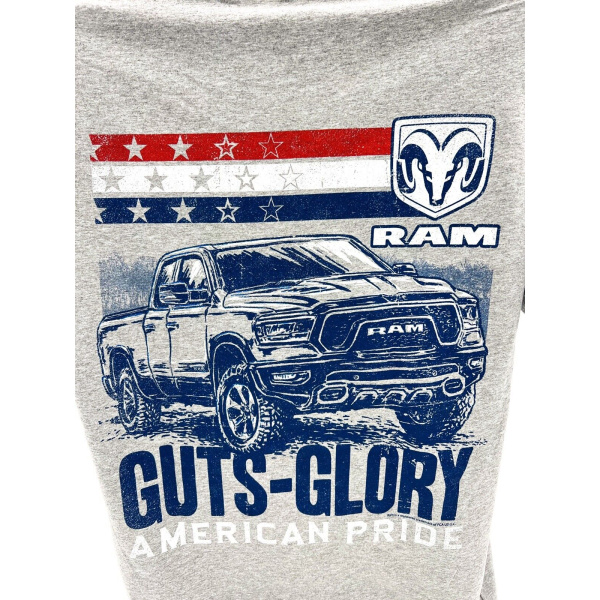 Gray T-Shirt w/ Dodge Ram Truck & "Guts Glory American Pride" Script - Licensed