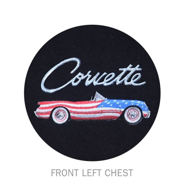 Chevy Corvette T-Shirt - Black w/ American Flag Scene & Script Logo