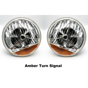 Pair 7" Inch Tri Bar Black Dot Headlights H4 Bulbs w/ Amber Turn Signal Lens - GoodSpeedUSA