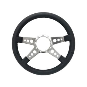 14" Polished 9 Hole 4-Spoke Drilled Steering Wheel w/ Black Leather Grip - GoodSpeedUSA