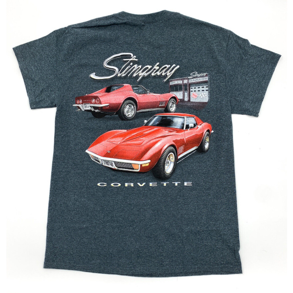 Chevy Corvette Stingray T-Shirt - Gray w/ Garage Scene & Script Logo