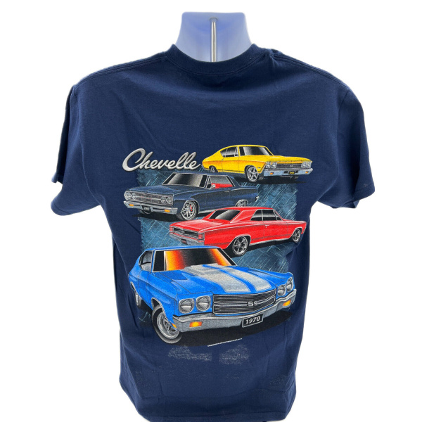 Navy Blue T-Shirt w/ Bowtie Chevy Chevelle Scene & Script Logo