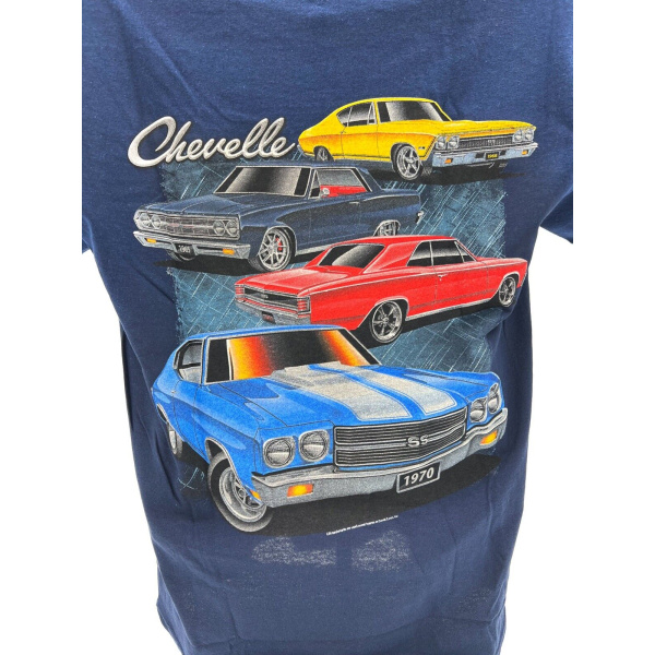 Navy Blue T-Shirt w/ Bowtie Chevy Chevelle Scene & Script Logo