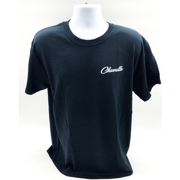 Chevy Chevelle SS T-Shirt - Black w/ "Chevelle" Script & Engine Block Background