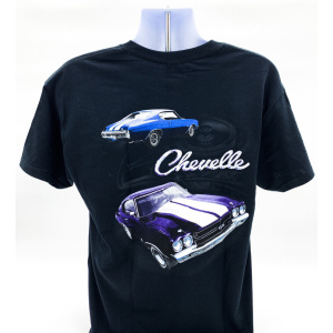 Chevy Chevelle SS T-Shirt - Black w/ "Chevelle" Script & Engine Block Background