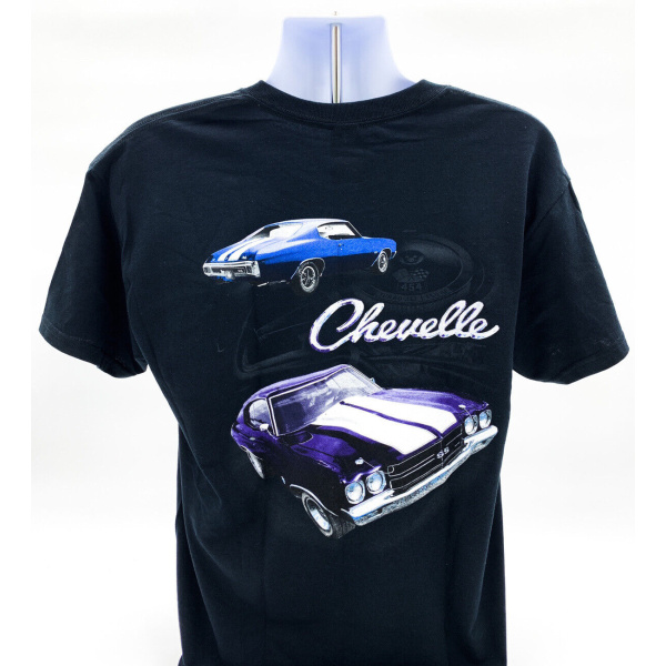 Chevy Chevelle SS T-Shirt - Black w/ "Chevelle" Script & Engine Block Background