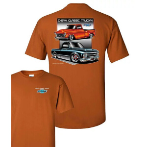 Chevy C10 T-Shirt - Orange w/ 2 Classic Trucks & Bowtie Emblem