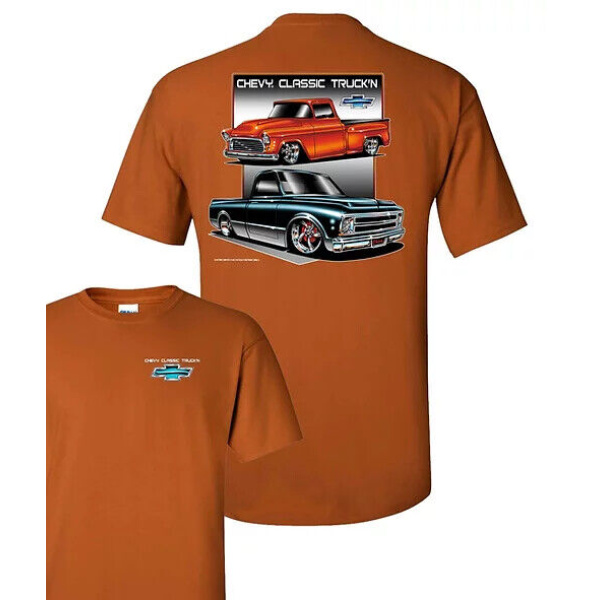 Chevy C10 T-Shirt - Orange w/ 2 Classic Trucks & Bowtie Emblem