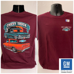 1967-72 Chevy C10 Pickup T-Shirt - Maroon w/ Orange & Teal Trucks (Licensed)
