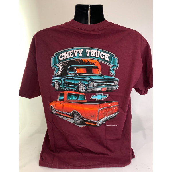 1967-72 Chevy C10 Pickup T-Shirt - Maroon w/ Orange & Teal Trucks (Licensed)