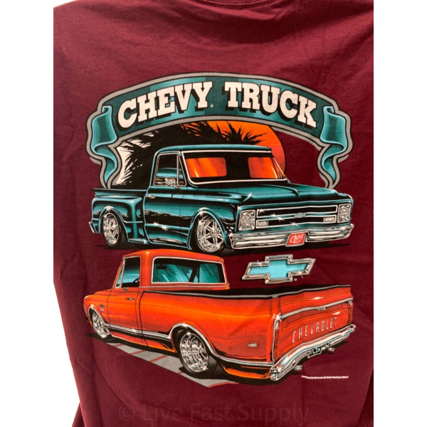 1967-72 Chevy C10 Pickup T-Shirt - Maroon w/ Orange & Teal Trucks (Licensed)