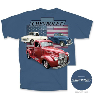 Indigo Blue Vintage Chevy Trucks Bowtie T-Shirt w/ American Flag Background