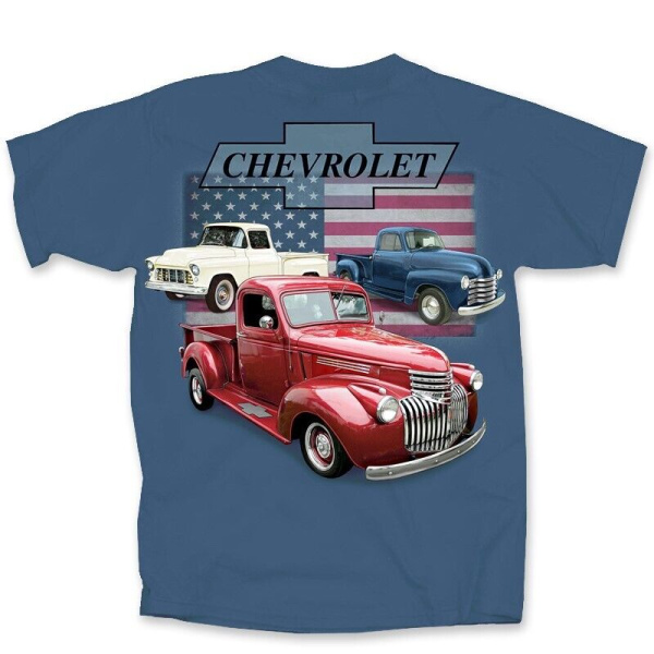 Indigo Blue Vintage Chevy Trucks Bowtie T-Shirt w/ American Flag Background