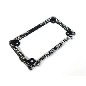 Black w/ Chrome Flames Motorcycle License Plate Frame Tag Holder - Metal - GoodSpeedUSA