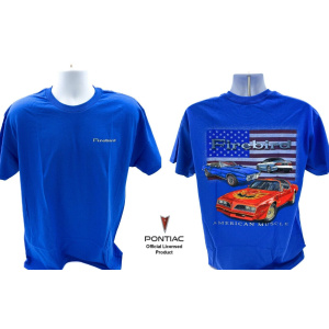 Pontiac Firebird T-Shirt - Blue w/ "American Muscle" Flag Patriotic Scene