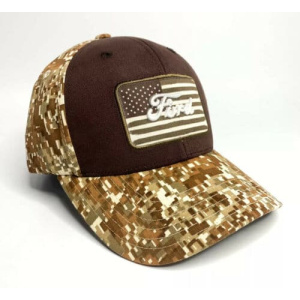 Ford Hat / Cap Script Emblem & American Flag – Tan / Brown Digital Camo