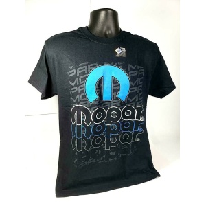 Blue Mopar “M” Emblem on Black T-Shirt – Three Color MOPAR Script