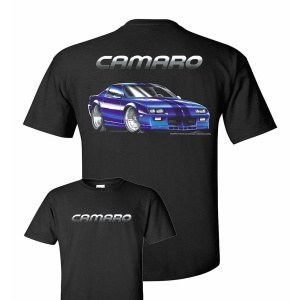 Blue 1982 Chevrolet Camaro on Black T-Shirt