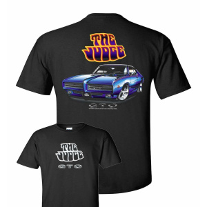 Pontiac GTO T-Shirt – Black w/ Blue 1969 Car & “The Judge” Script (Licensed)