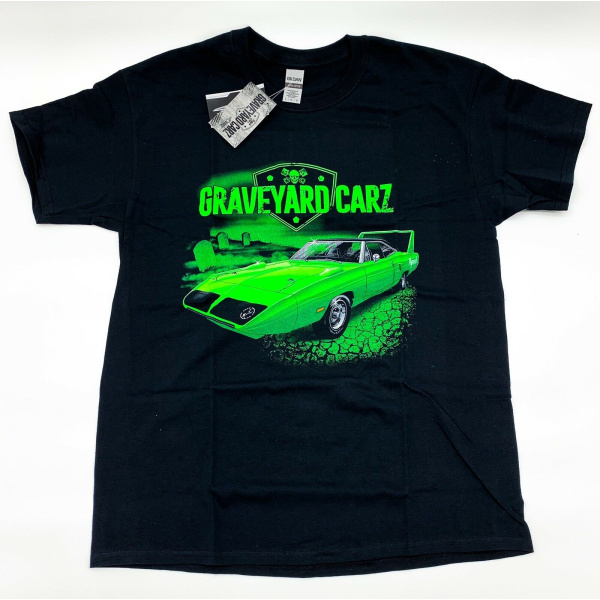 Graveyard Carz Black T-Shirt - Green Plymouth Superbird Restored - Image 3