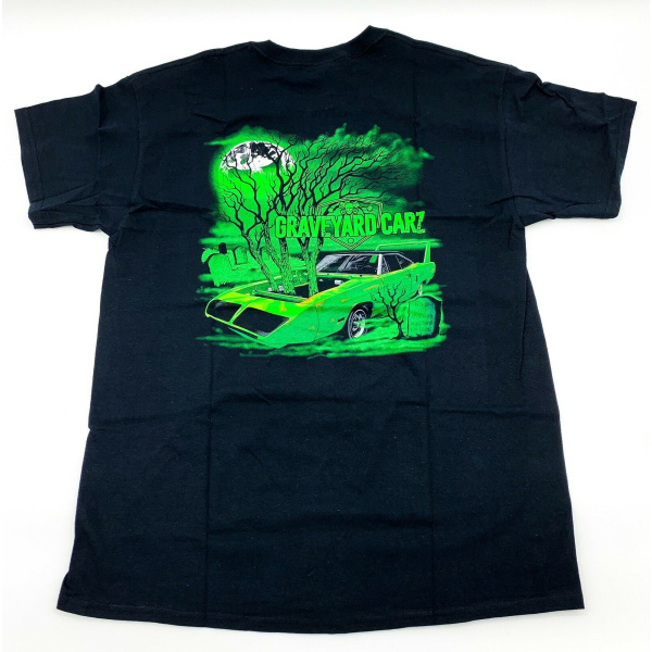 Graveyard Carz Black T-Shirt - Green Plymouth Superbird Restored - Image 2