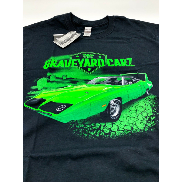 Graveyard Carz Black T-Shirt - Green Plymouth Superbird Restored - Image 5