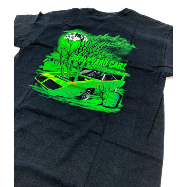 Graveyard Carz Black T-Shirt - Green Plymouth Superbird Restored - Image 4