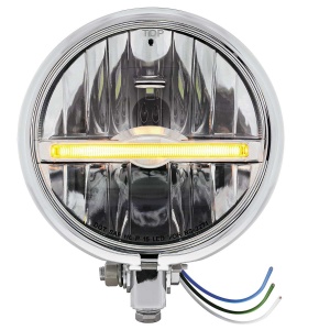 Chrome 5-3/4" Motorcycle Headlight 9 LED Bulb w/ Amber LED Light Bar - Bottom Mount
