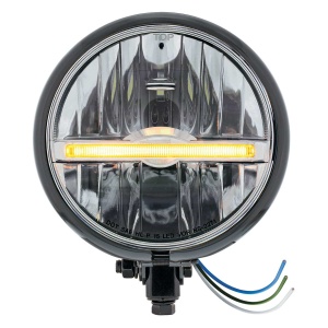 Black 5-3/4" Motorcycle Headlight 9 LED Bulb w/ Amber LED Light Bar - Bottom Mount