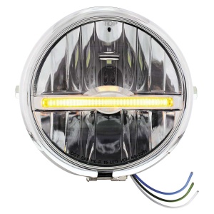 Chrome 5-3/4" Motorcycle Headlight 9 LED Bulb w/ Amber LED Light Bar - Side Mount