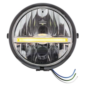 Black 5-3/4" Motorcycle Headlight 9 LED Bulb w/ Amber LED Light Bar - Side Mount