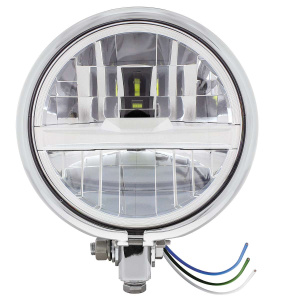 Chrome 5-3/4" Motorcycle Headlight 8 LED Bulb w/ Silver Bar - Bottom Mount